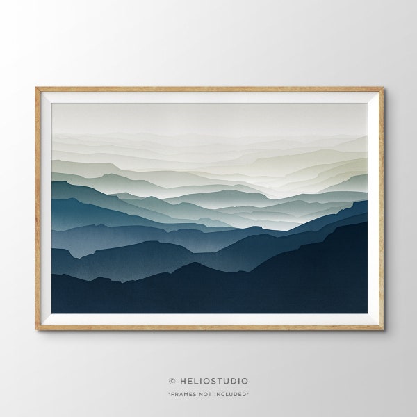 Midcentury Blue Mountain Valley Landscape Print. Endless Valley Hills Wall Art. Misty Mountain Valley in Blues and Green Greys