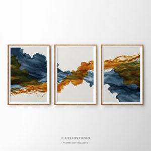 Contemporary Abstract 3 Piece Wall Art. Slate Blue and Rust Abstract Art Print. Extra Large Living Room Art. Set of 3 Blue Terracotta Prints