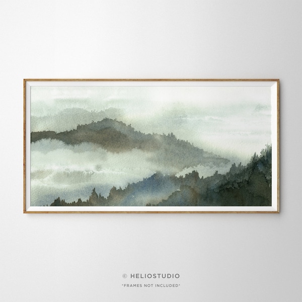 Panoramic Grey Green Misty Mountain Forest Watercolour Art Print. Misty Forested Hills Watercolor Landscape Painting. Large Panorama Print