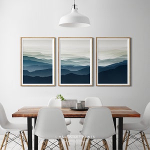 Set Of Three Midcentury Blue Mountain Landscape Prints. 3 Piece Endless Valley Hills Wall Art. Misty Mountain Valley in Blues and Greens image 4