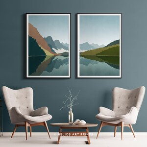Two Piece Mountain Lake Art Prints. Set of 2 Mid Century Mountain ...