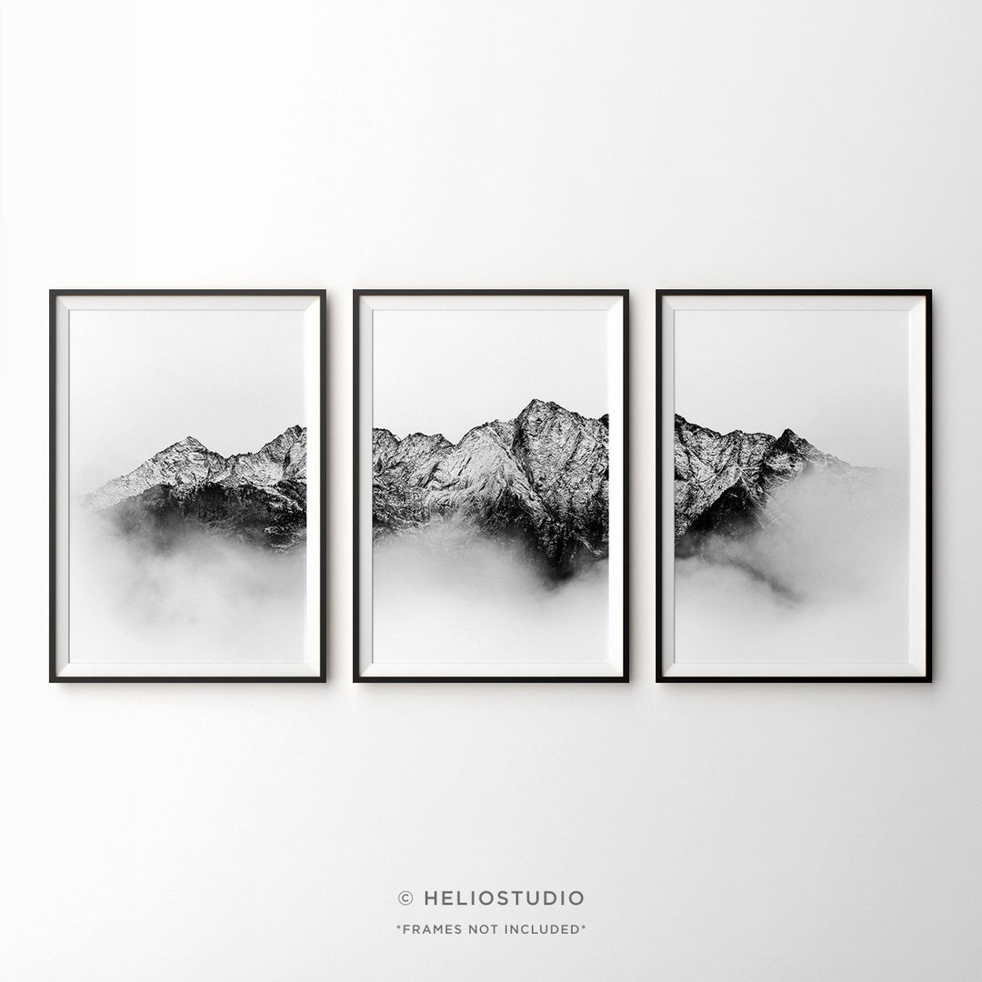 Set of Three Black and White Cloudy Snow Capped Mountain Range Wall Art ...
