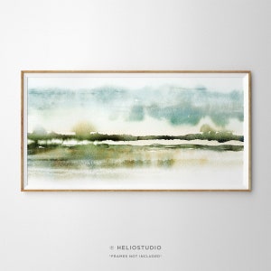 Blue Green Abstract Landscape Watercolor Print.Panoramic Watercolour Savannah Wall Art. Extra Large Grassland Panorama, Oversize Watercolor image 1