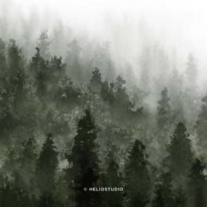 Misty Forest Art Print,misty Mountain Forest Large Wall Art,green Pine ...