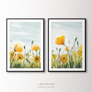 Yellow Poppy Field Watercolor Art Print Set: Rustic Meadow Landscape