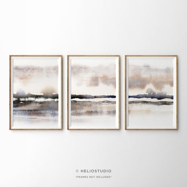 Three Piece Abstract Landscape Wall Art, Misty Savannah Watercolour Prints. 3 Piece Extra Large Panoramic Art, Brown, Beige, Grassy Plain
