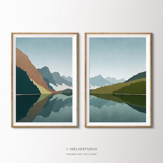 Two Piece Mountain Lake Art Prints. Set of 2 Mid Century Mountain Landscape  Wall Art. Gray Blue, Deep Green, Rust Red, and Cream Watercolor -   Canada