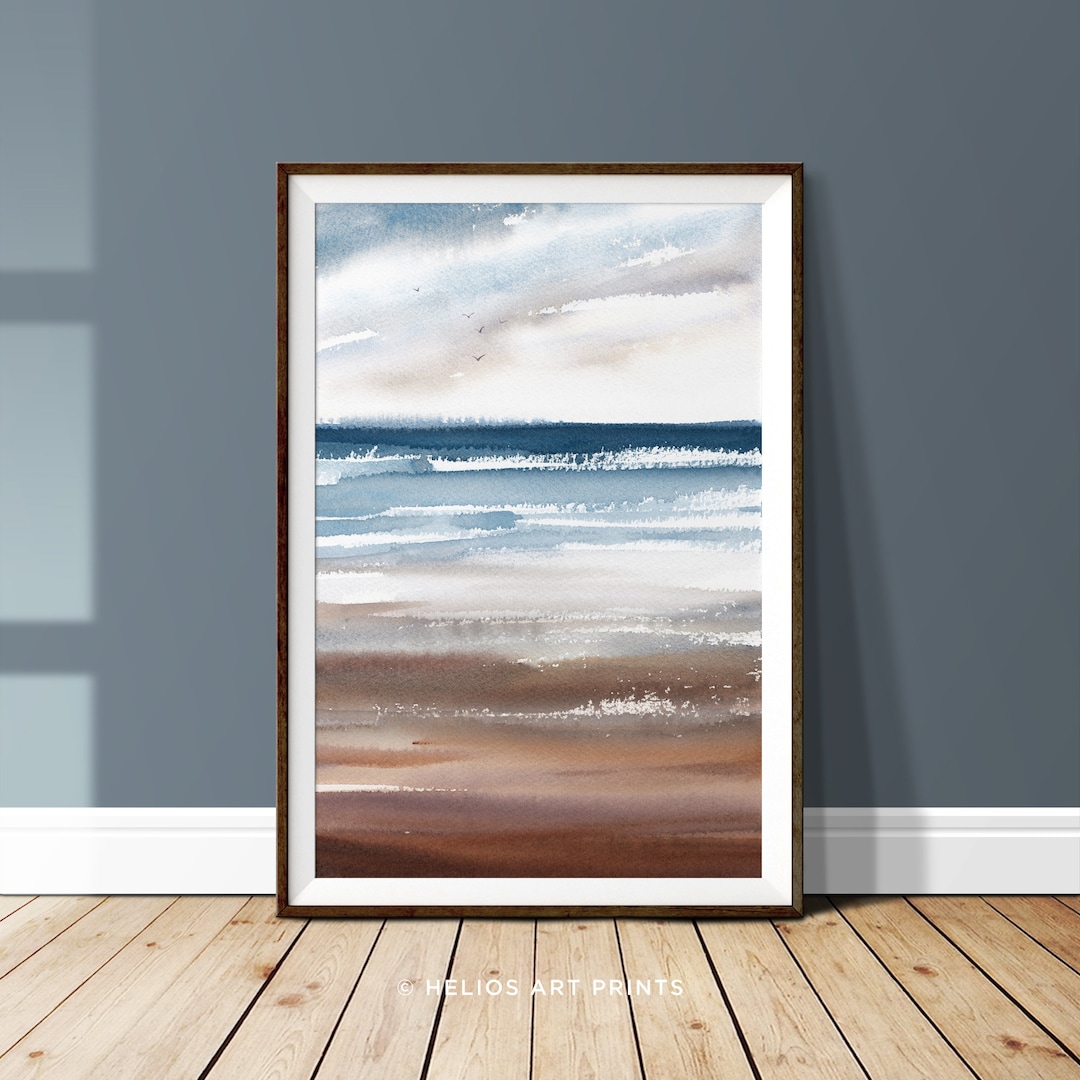 Beach Wall Art. Blue and Brown Art Print. Coastal Cloudscape With
