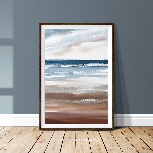 Coastal Cloudscape Watercolor wall art: Blue Brown Beach Scene