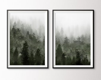 Two Piece Deep Green Misty Forest Mountain Landscape Watercolor Print. Set of 2 Extra Large Mountain Valley Woodland Pine Trees Wall Art