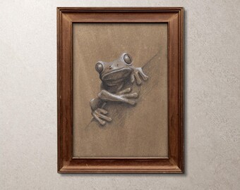 Original Wall Art - NOT A PRINT. Tree Frog Illustration in Watercolour, Charcoal and Pen. Unframed. Amphibian Art 5"x7"
