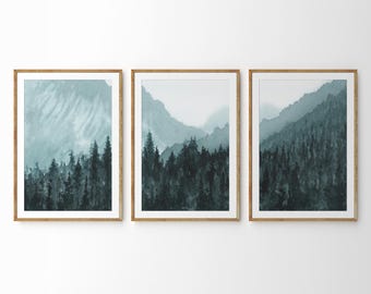 Watercolor Forest Print Set: Blue Mountain Panoramic Wall Art