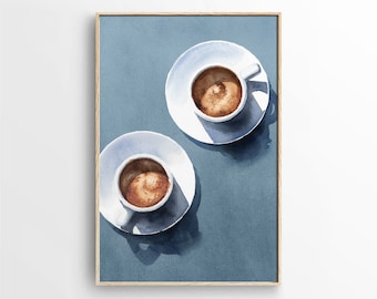 Quadro de parede em aquarela com duas xícaras de café: Decoração de parede para o universo do café