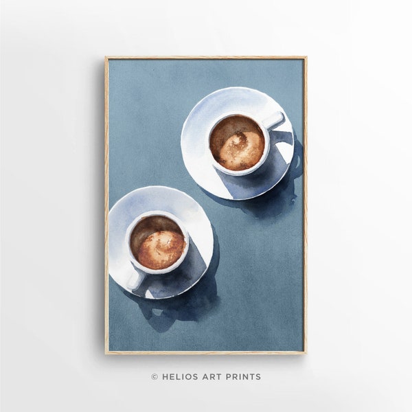 Deux tasses à café aquarelle Art Print. Art mural aquarelle de table de cuisine de petit déjeuner. Impression d'amant de café. Cafe Society Impression artistique sur le mur du café