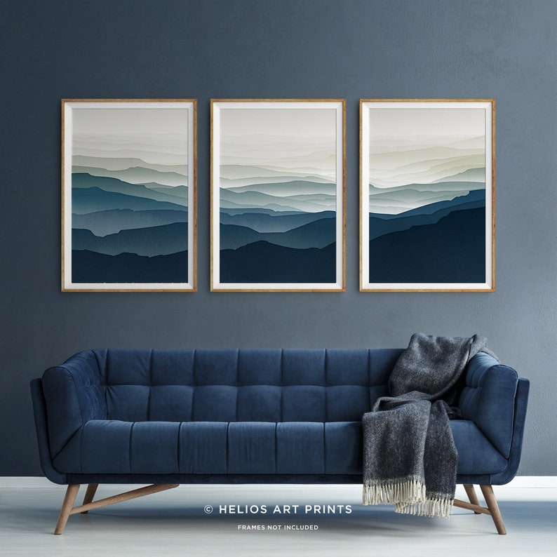 Set Of Three Midcentury Blue Mountain Landscape Prints. 3 Piece Endless Valley Hills Wall Art. Misty Mountain Valley in Blues and Greens image 3