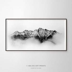 Misty Mountain Range Wall Art Panorama. Large Black and White Panoramic Art Print. Extra Large Mountain Landscape Wall Art Panorama