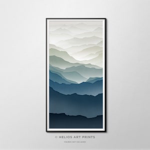 Midcentury Mountain Valley Landscape Print. Midcentury Misty Blue Valley Vertical Panorama Wall Art. Extra Large Skyscraper Contemporary Art