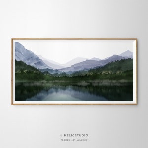 Panoramic Mountain Forest Lake Watercolor. Large Wall Art. Mountain Valley Lake Reflection Art Print. National Park Wilderness Watercolour