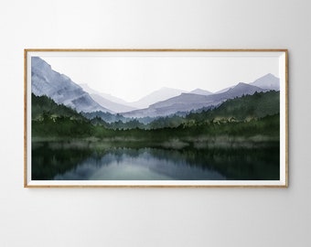 Panoramic Mountain Lake Watercolor wall art: National Park Landscape