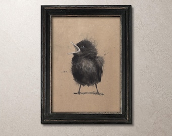 Baby Bird Original Wall Art, Watercolour Charcoal Pen Illustration, Fluffy Hatchling Painting