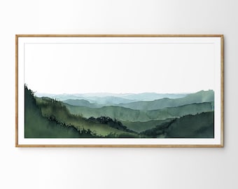 Mountain Valley Watercolor Art Print: Misty Green Hills Panorama
