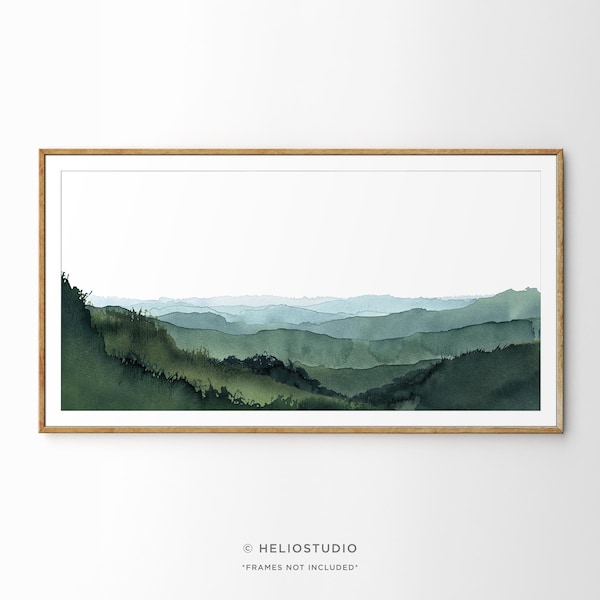 Panoramic Blue Green Mountain Valley Watercolour wall art. Misty Rolling Hills Watercolor Landscape Painting. Extra Large Panorama Print