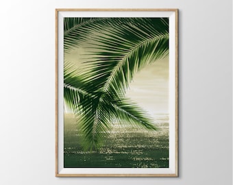 Green Palm Fronds Wall Art: Golden Ocean Sunset Watercolor Print