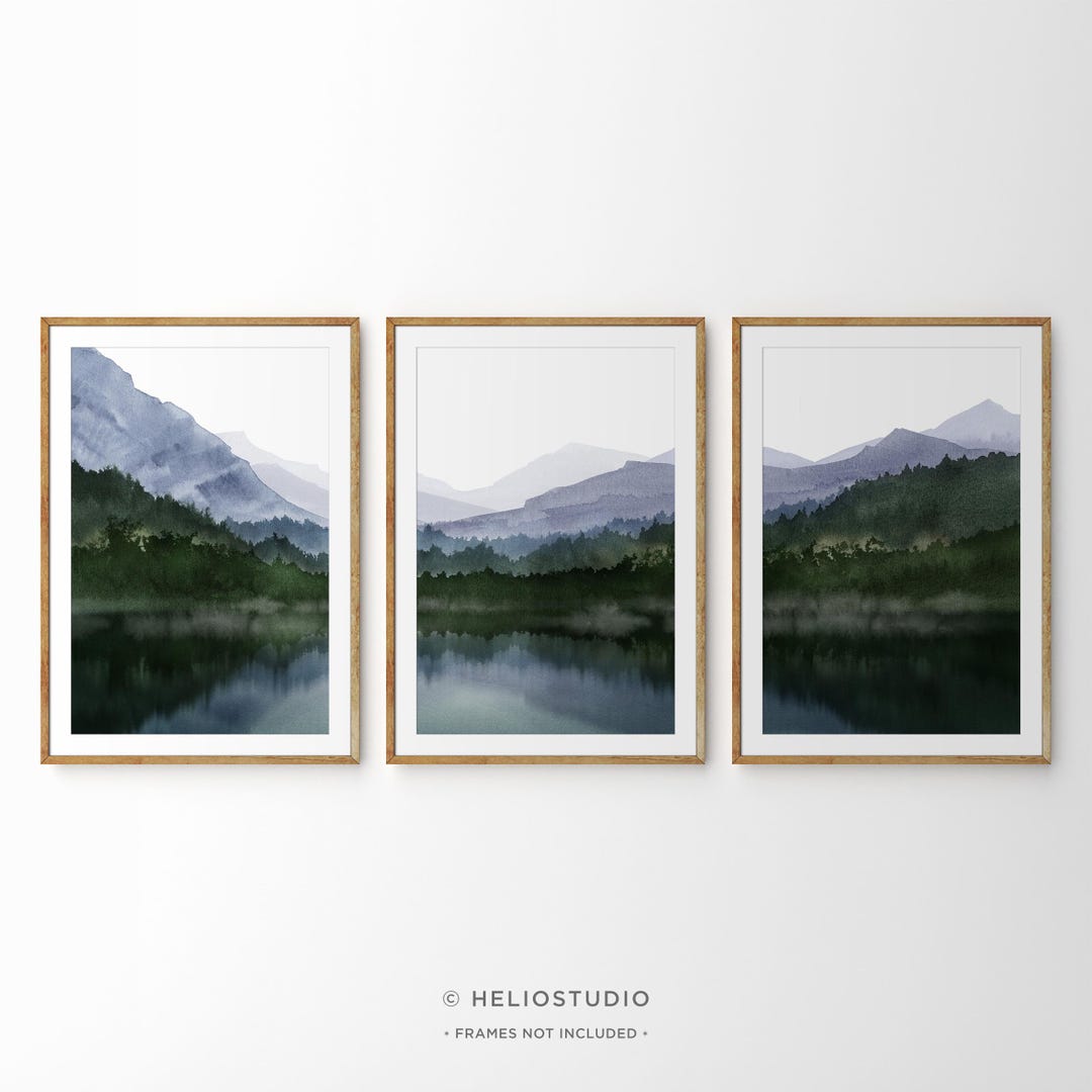 Mountain Forest Lake Large Wall Art, 3 Piece Art Prints, Set of 3 ...