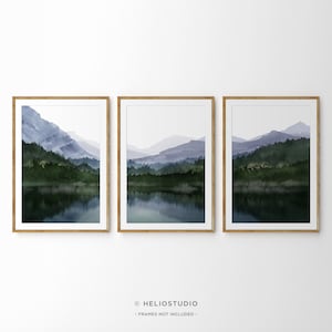 Mountain Forest Lake Large Wall Art, 3 Piece Art Prints, Set of 3 Panoramic Mountain Valley Lake Reflection, National Park, Living Room, A2