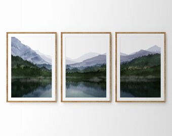 Mountain Lake Reflection Wall Art Set: Panoramic Forest Valley Lake