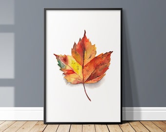 Fall Maple Leaf Watercolor Wall Art in Orange, Red, Gold And Yellow. Autumn Leaf Watercolour Giclèe Art Print. Botanical Foliage Decor