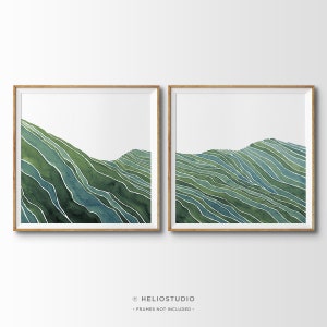 Set of Two Midcentury Panoramic Green Mountains Art Print. 2 Piece Abstract Hills Extra Large Watercolor Wall Art. Green and Aqua Modern Art