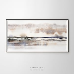 Abstract Savannah Landscape Watercolor Panorama. Brown, Grey Grassy Plains Watercolour Painting Print. Extra Large Grassland Panoramic Print