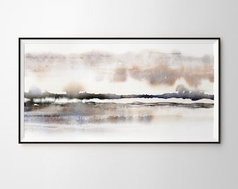 Abstract Savannah Landscape Watercolor Panorama. Brown, Grey Grassy Plains Watercolour Painting Print. Extra Large Grassland Panoramic Print