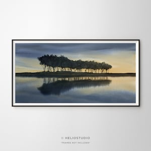 Sunset Lake Watercolor Print: Minimalist Tree Line Reflection Panorama