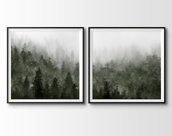Misty Forest wall art Set: Deep Green Mountain Watercolor Landscape