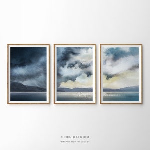 Set Of Three Coastal Landscape Watercolor Prints. 3 Piece Abstract Stormy Ocean Cloudscape Watercolour Painting Wall Art. Cloudy Sunset Sea