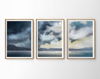 Set Of Three Coastal Landscape Watercolor Prints. 3 Piece Abstract Stormy Ocean Cloudscape Watercolour Painting Wall Art. Cloudy Sunset Sea