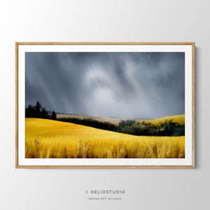 Golden Fields in a Rain Storm Watercolor. Extra Large Wall Art. Golden Yellow Farm Valley Blue Gray Cloudscape Art Print. Farmhouse Decor