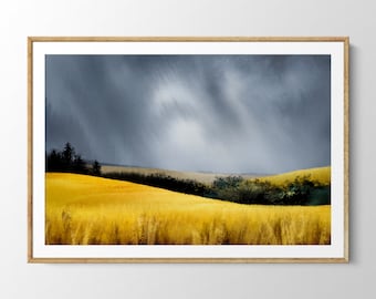 Stormclouds over golden fields painting. Atmospheric countryside wall art