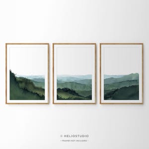 Misty Valley Watercolor Print Set: Blue Green Rolling Hills Wall Art