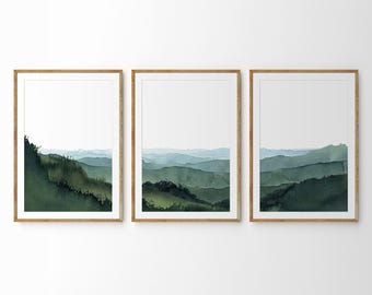 Misty Valley Watercolor Print Set: Blue Green Rolling Hills Wall Art