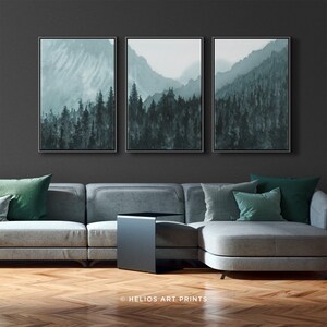 Set Of Three Watercolor Forest Art Prints. 3 Piece Blue Mountain Forest Wall Art, Extra Large Mountain Forest Watercolor Panoramic Print image 2