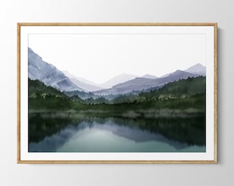 May include: A watercolor painting of a mountain range with a lake in the foreground. The mountains are a soft blue and purple, and the lake is a deep green. The painting is framed in a light wood frame.
