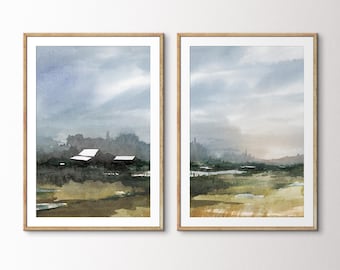 Two Piece Farmstead Sunrise Wall Art. Prairie House Sunset Painting Set, Farmhouse Lifestyle