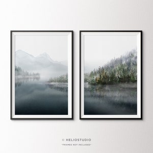 Two Piece Misty Forest Lake Mountain Landscape Watercolor. Set of 2 Extra Large MountainLake Forest Watercolour Wall Art. Log Cabin Panorama