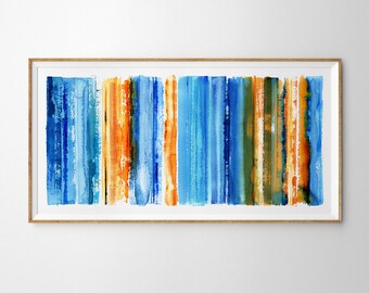 Abstract Watercolor Print: Blue, Orange, and Red Panoramic Wall Art