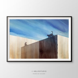 Cat on a Wall Watercolour Print. Mediterranean Island Architecture. Silhouette Shadow Wall Art. Extra Large Blue Sky Conceptual Holiday Art