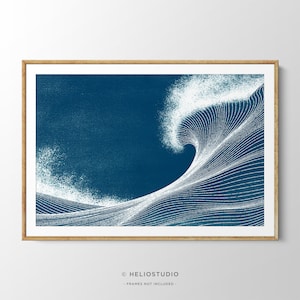 May include: An abstract art print of a wave breaking, featuring white lines on a dark blue background.