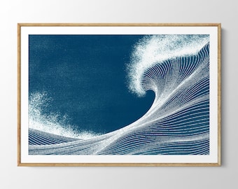 Retro ocean wave wall art in blue and white. Woodcut style BoHo surfer art wave illustration. Contemporary beach house surfing décor.